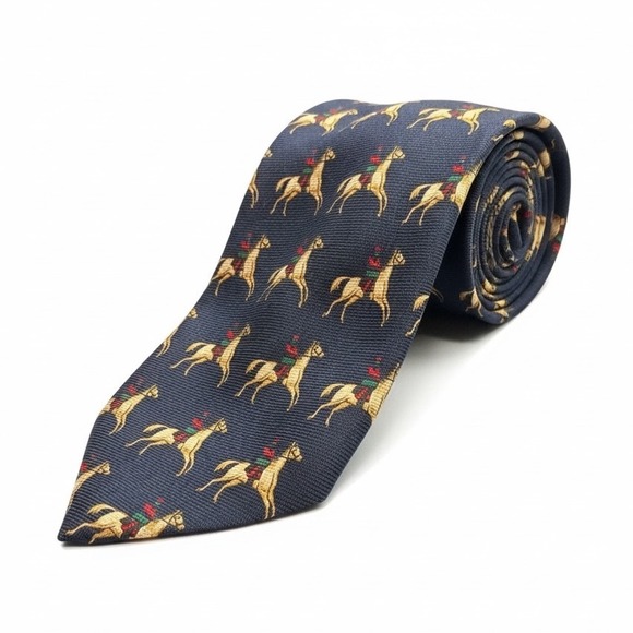 J Press Mens Navy Blue 100% Wool Equestrian Fox Hunter Horseback Necktie NICE